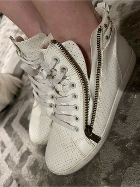 Koolaburra White Perforated High-Top Sneakers with Gold Zipper Accent
